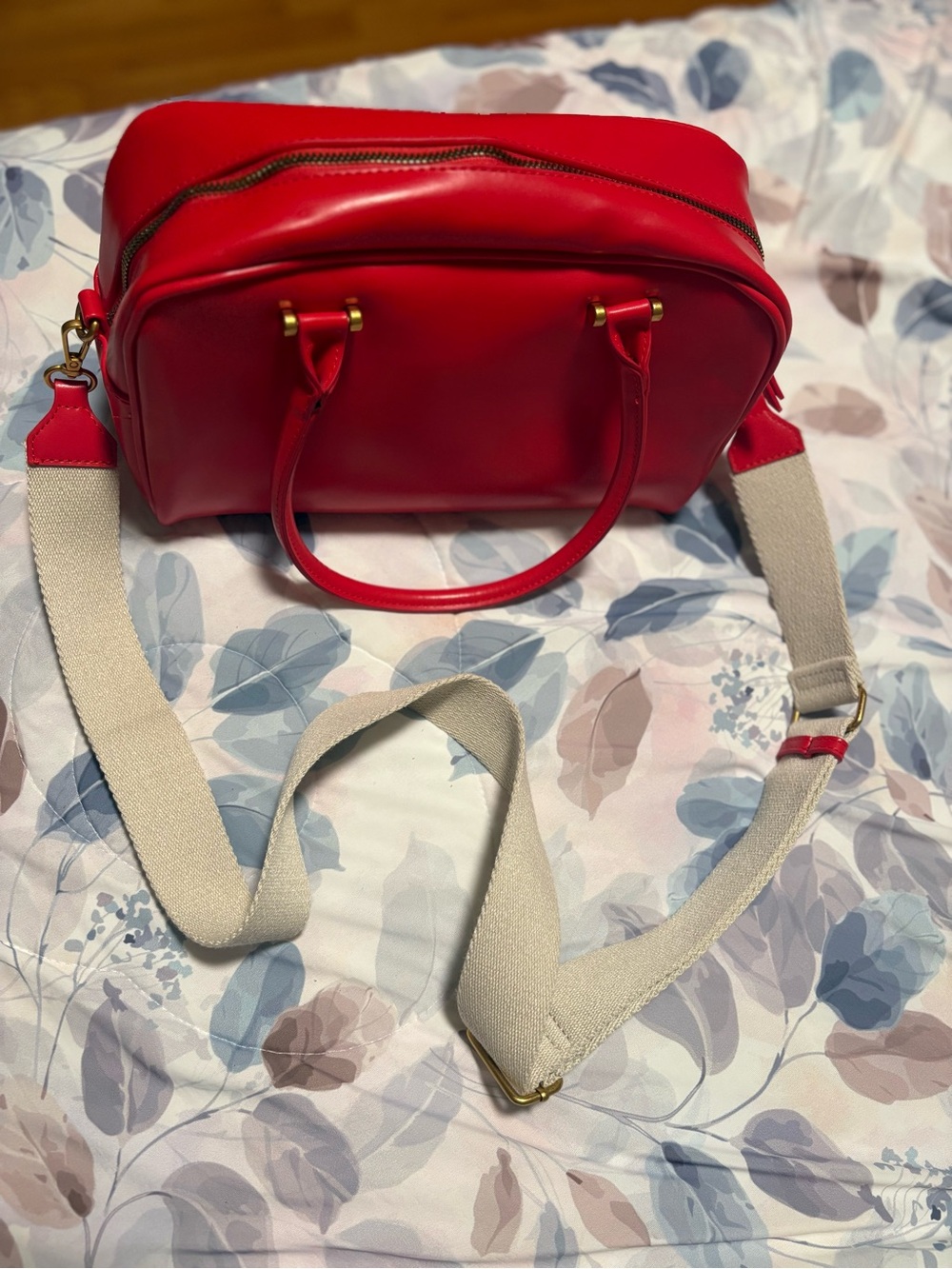 Red Women's Crossbody Satchel with Beige Canvas Strap